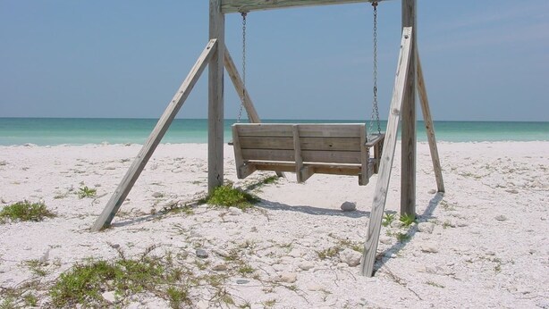 A wooden swing set on a sandy beach with clear turquoise water in the background. - Beautiful Condo in Dunedin. 5 min from the beach! (Dunedin)