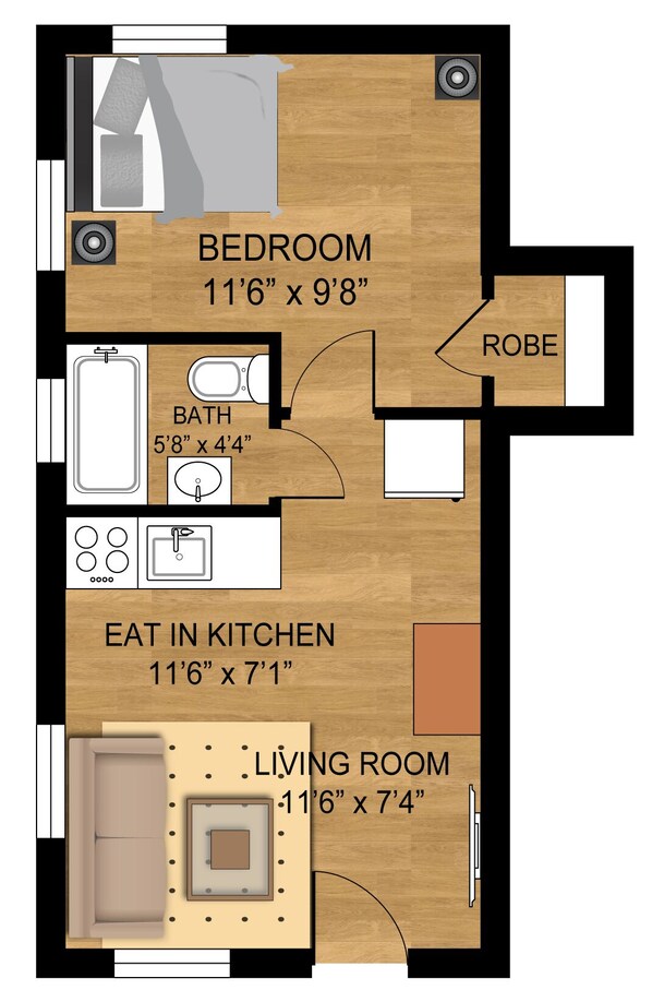 A floor plan of a 1-bedroom apartment with a bathroom, kitchenette, and living room. - Cozy Downtown Apartment: Pet-Friendly Retreat (Salt Lake City)