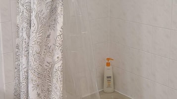 Combined shower/tub, hair dryer, towels, toilet paper