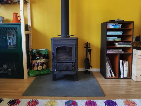 Una habitación con estufa de leña, una estantería y una bolsa verde de aperitivos.
