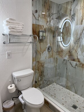 Shower, bidet, towels, soap