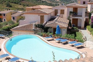 Seasonal outdoor pool, pool umbrellas, pool loungers