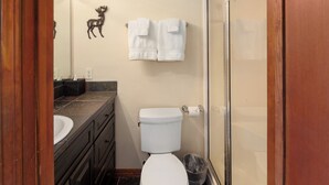 Un baño con inodoro blanco, lavabo, espejo y zona de ducha.