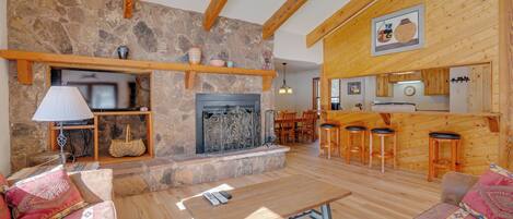 Una televisión, una chimenea, libros