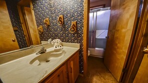 Combined shower/bathtub, hair dryer, towels