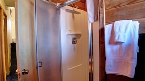 Combined shower/bathtub, jetted bath, hair dryer, towels