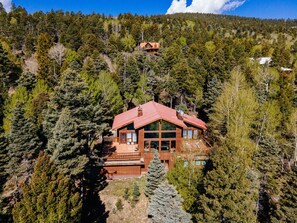 A cabin with a red roof surrounded by dense forest. - Home with Great Views of the Angel Fire Ski Mountain and Valley (Angel Fire)