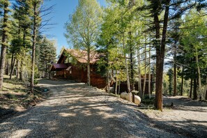 A cabin surrounded by tall trees, a gravel driveway, and a red-roofed structure. - Home with Great Views of the Angel Fire Ski Mountain and Valley (Angel Fire)