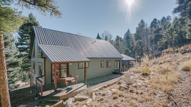Een chalet met een metalen dak, een terras en uitzicht op een beboste heuvel.