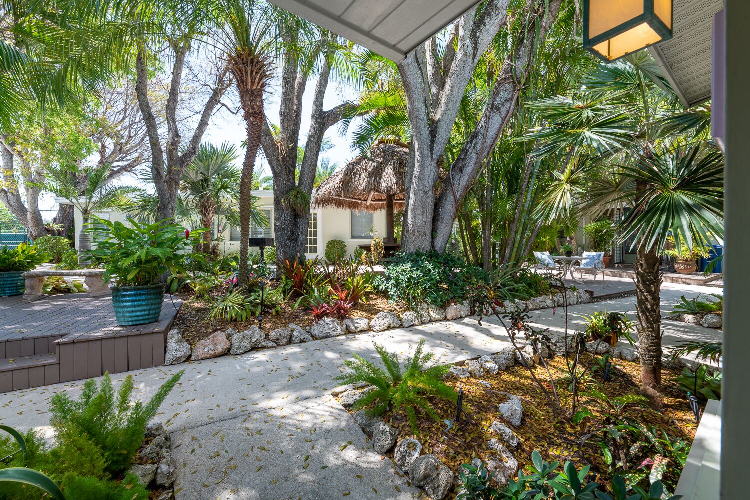 A tropical garden with various plants and a thatched-roof structure.