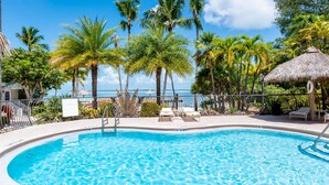 A clear blue pool surrounded by palm trees and a thatched-roof structure, with a sign indicating no diving. - Kona Kai Resort and Gallery - Adults Only (Key Largo)