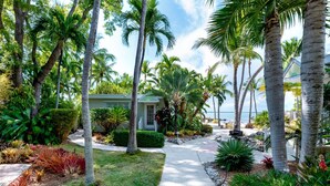 A tropical resort with a paved pathway leading to a building, surrounded by palm trees and lush greenery. - Kona Kai Resort and Gallery - Adults Only (Key Largo)