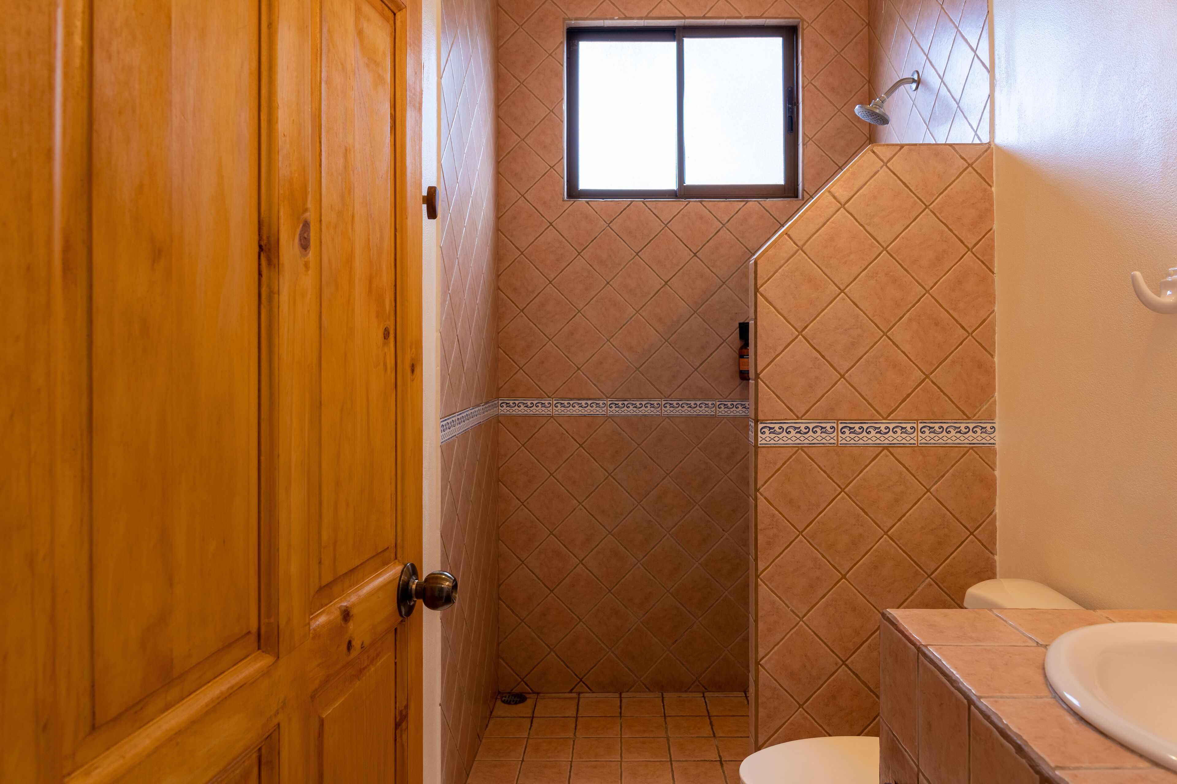 Un baño con puerta de madera, ventana, ducha y retrete.