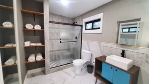 Chuveiro, banheira de hidromassagem, secador de cabelo, toalhas de banho