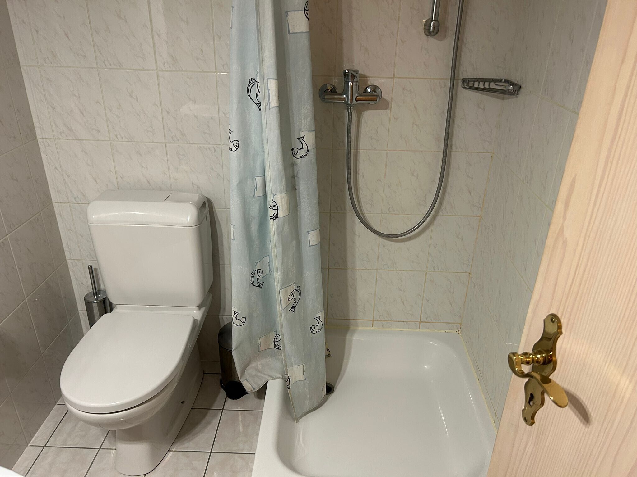 Une salle de bain équipée de toilettes, d’un bidet et d’une douche.