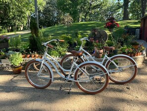Two white bicycles with brown seats parked on a gravel path. - Swan Lake Resort & Campground - Lakeside Cabin #1 (Fergus Falls)