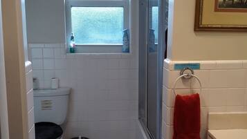 Combined shower/tub, hair dryer, towels, soap