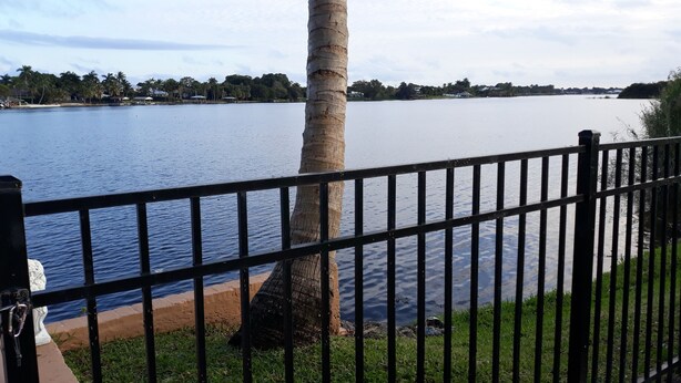 A view of a lake with a palm tree and a metal fence in the foreground. - A private waterfront Lake Ida setting located in the middle of 23 acres (Boynton Beach)