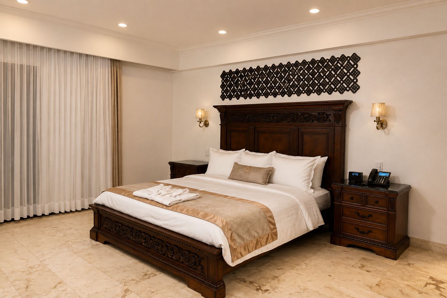A hotel room with a large bed, two bedside tables, a decorative wall piece, and a window with curtains.