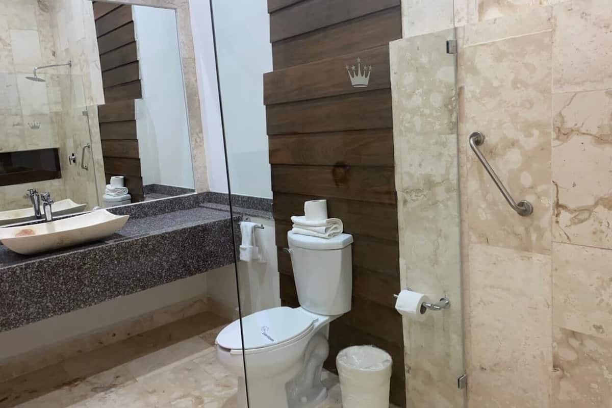 A bathroom with a sink, mirror, toilet, and shower area.