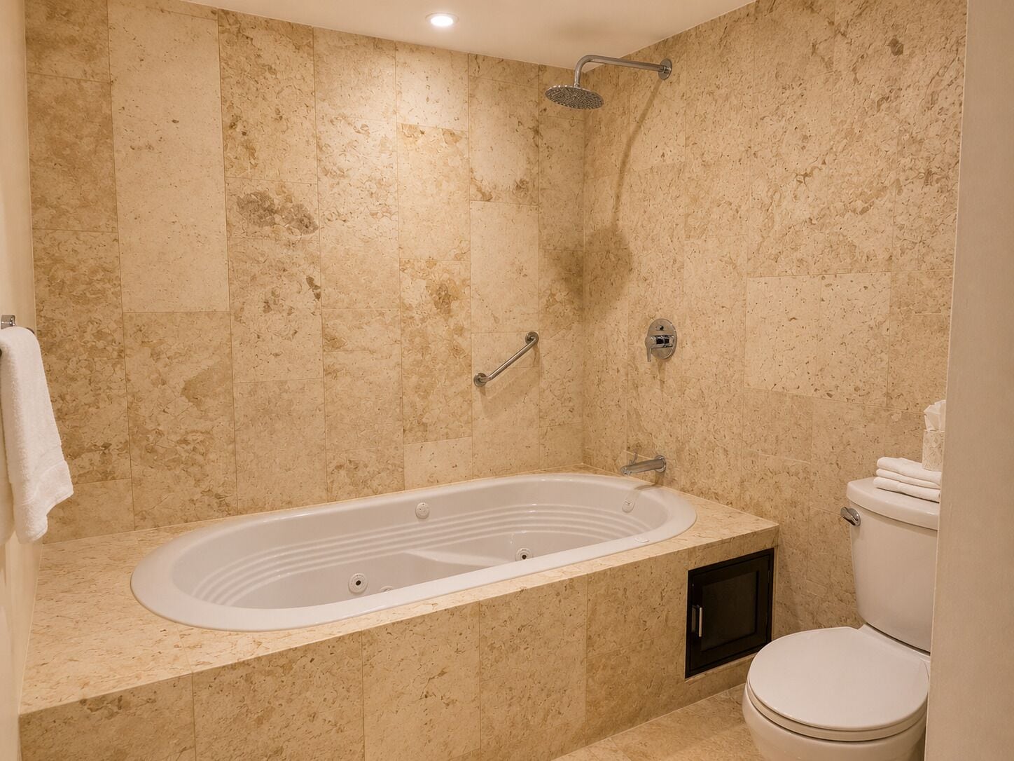 A bathroom with a freestanding bathtub, a showerhead, and a toilet.
