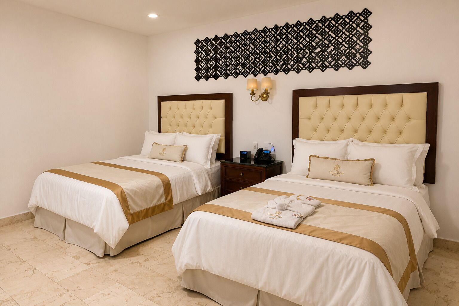 A hotel room with two beds, a decorative wall piece, and a nightstand with a lamp.