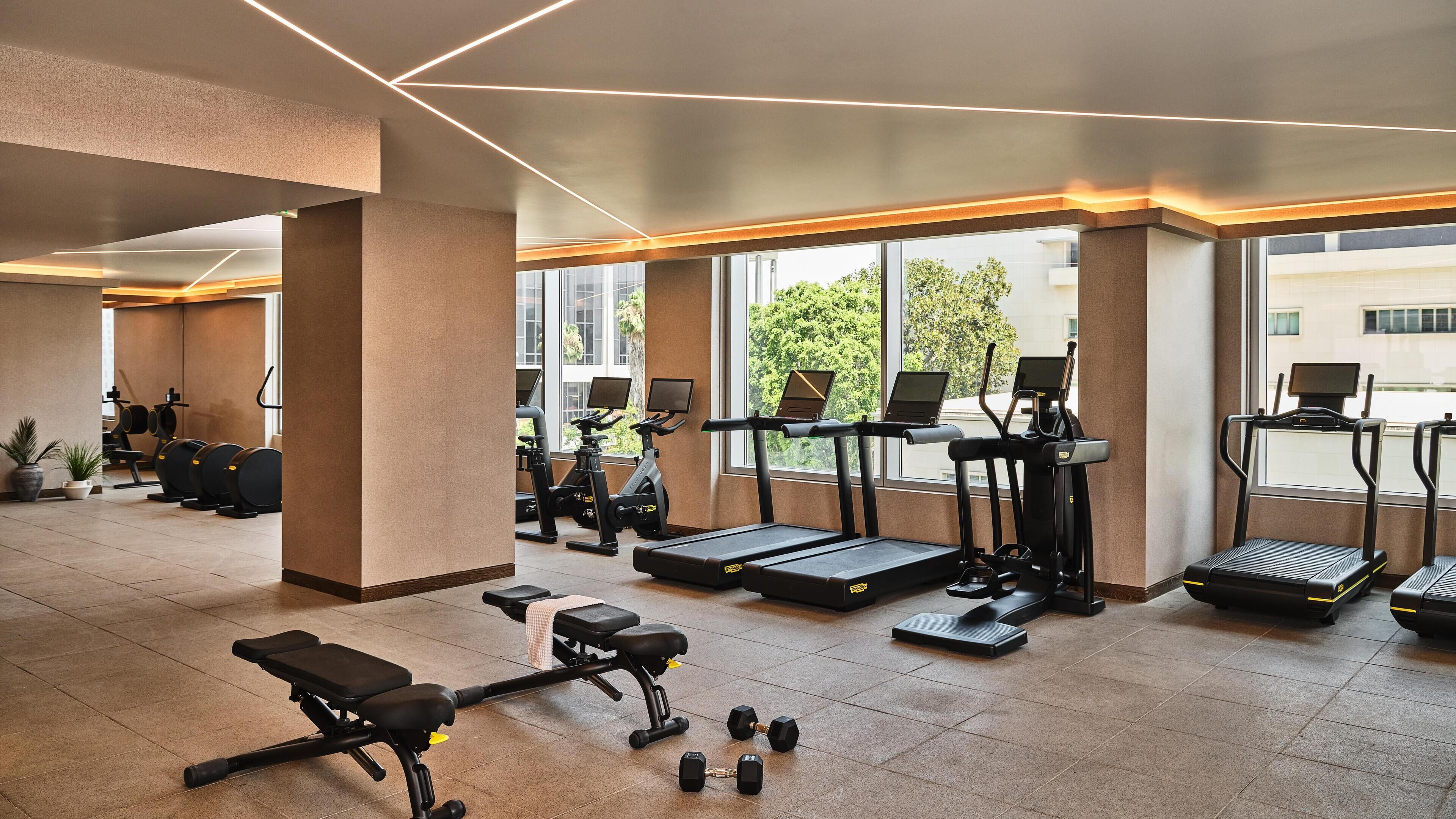 Ett modernt gym med löpband, crosstrainers och fria vikter.