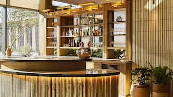 Zona de bar con mostrador de madera, estantes con botellas y copas, y plantas en macetas.