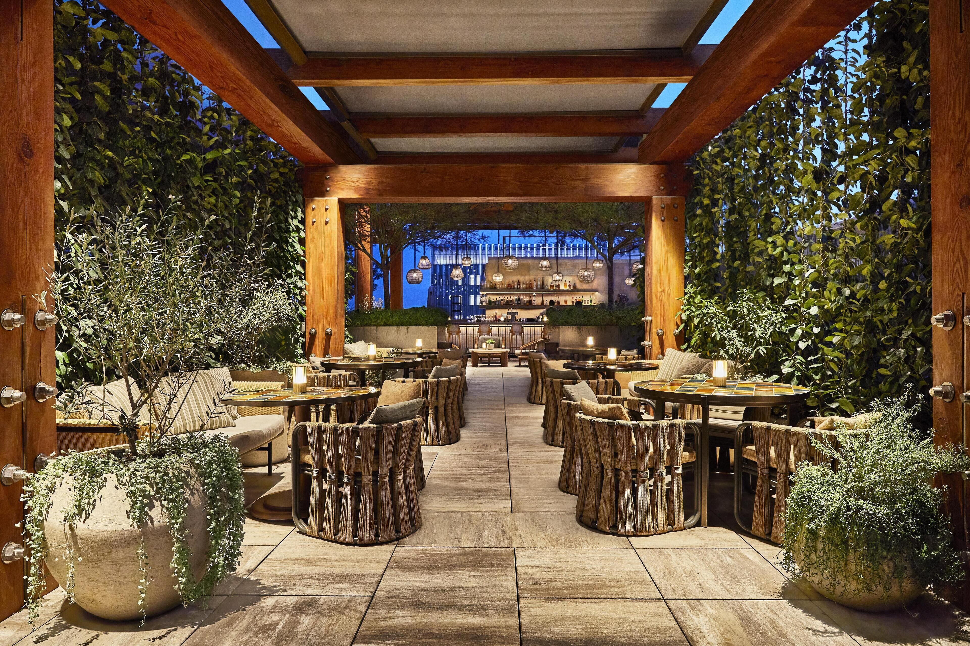 An outdoor dining area with wooden tables and chairs, surrounded by large potted plants and a wooden pergola.