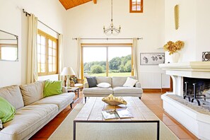 Télévision, cheminée, table de tennis de table, livres