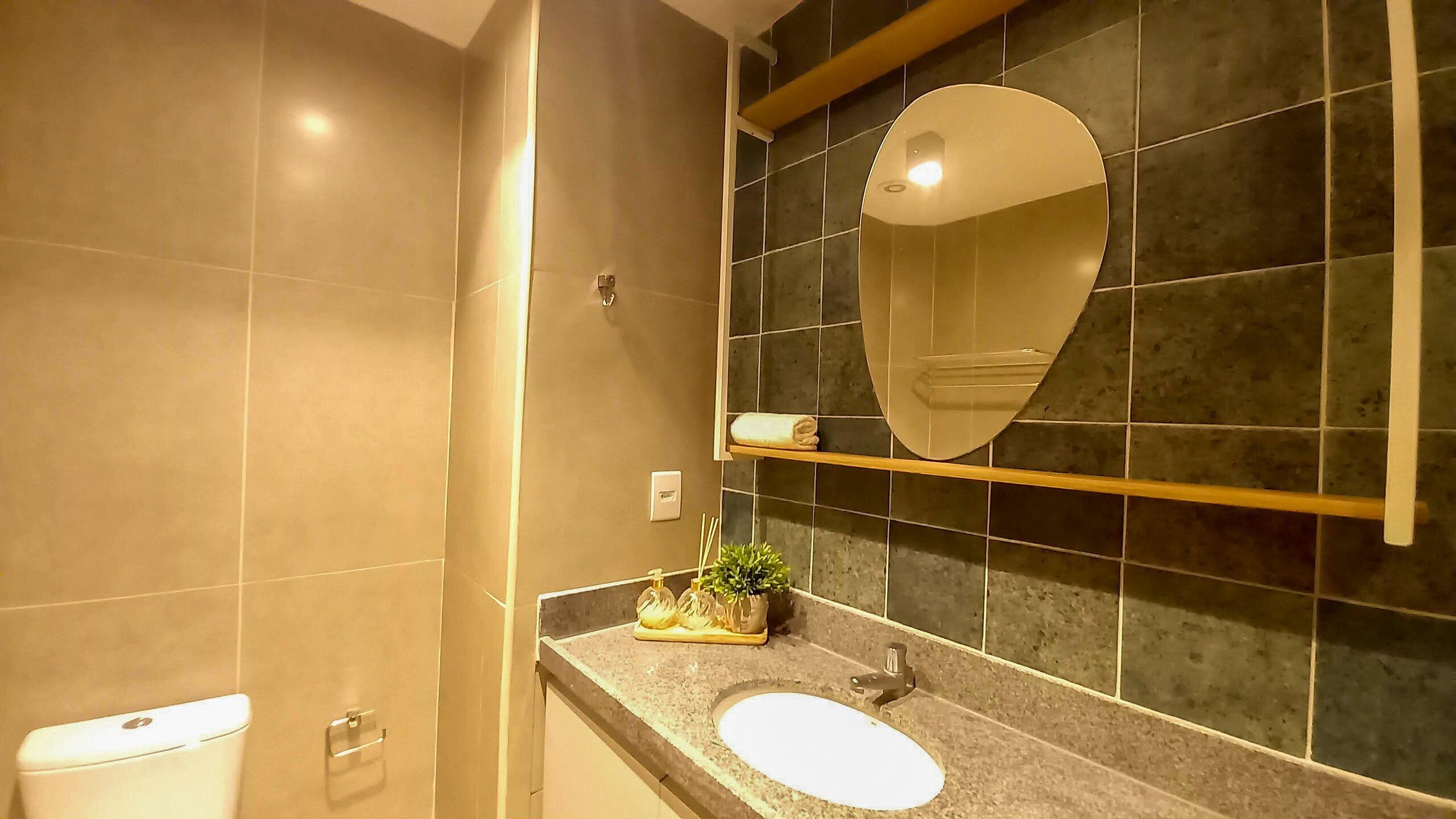 Un baño con inodoro, lavamanos, espejo y estante con una toalla y una planta.