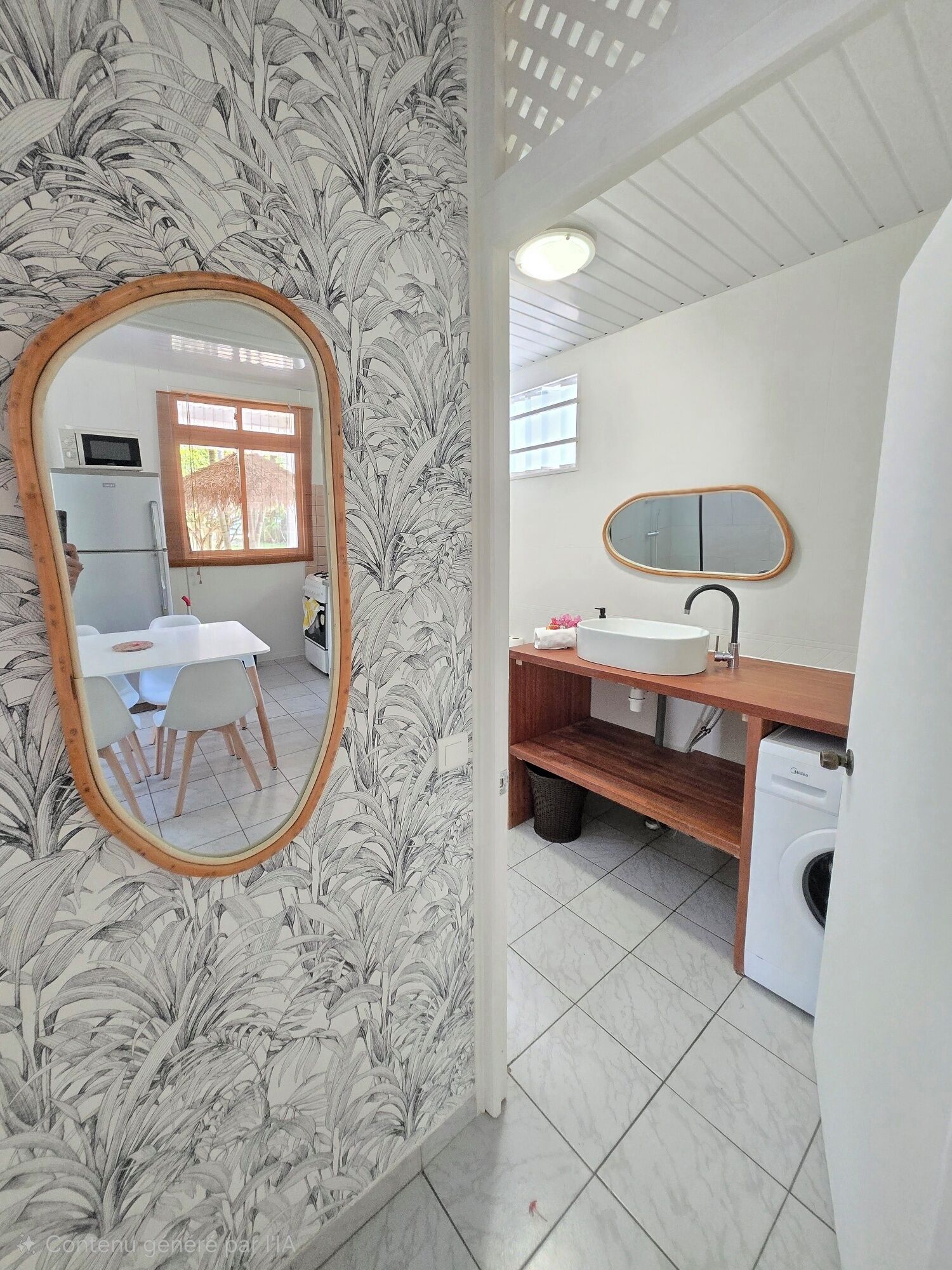 A bathroom with a sink, mirror, and washing machine.