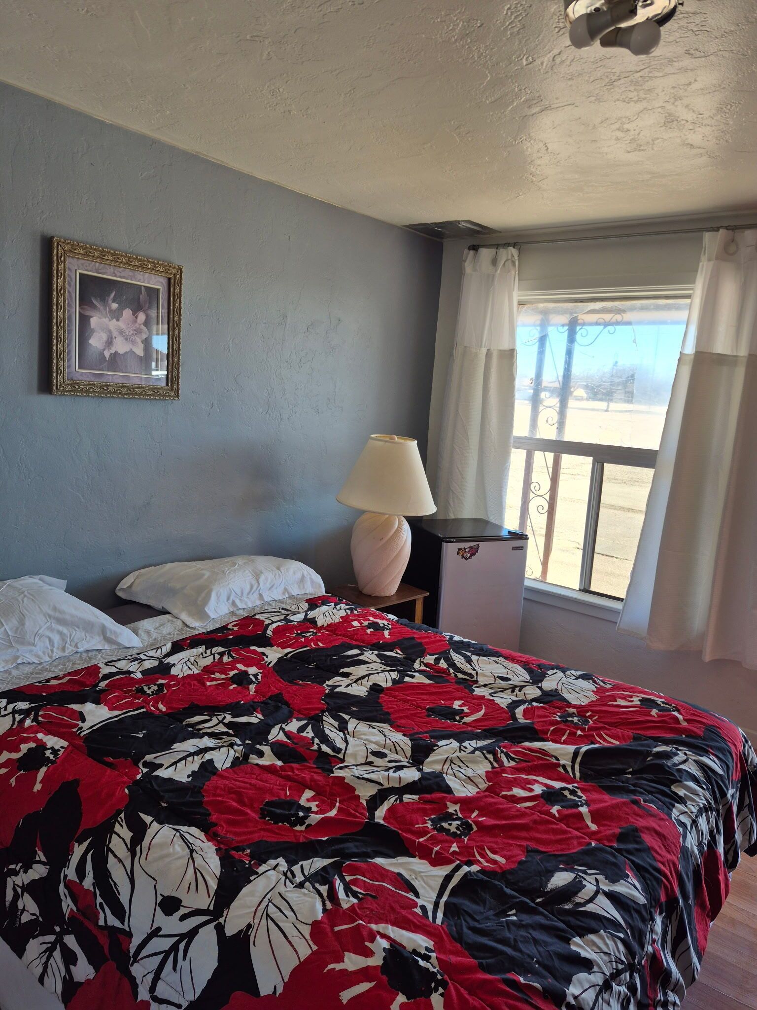Un dormitorio con colcha estampada, un cuadro enmarcado en la pared, una lámpara de noche y una ventana con cortinas.
