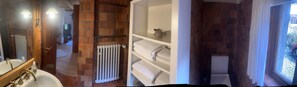 Shower, hair dryer, towels, toilet paper
