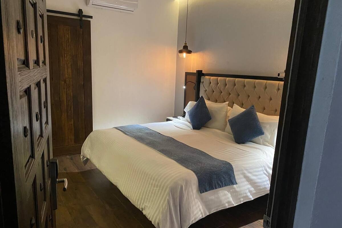 Une chambre à coucher avec un lit, des oreillers, une lampe suspendue et une porte en bois.