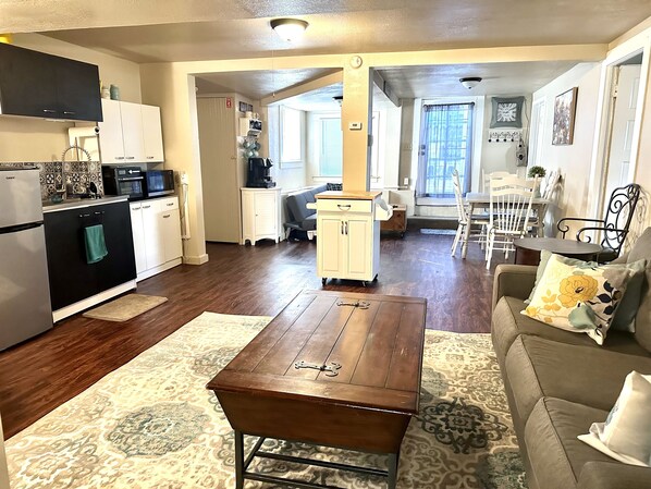 Smart TV, fireplace, books