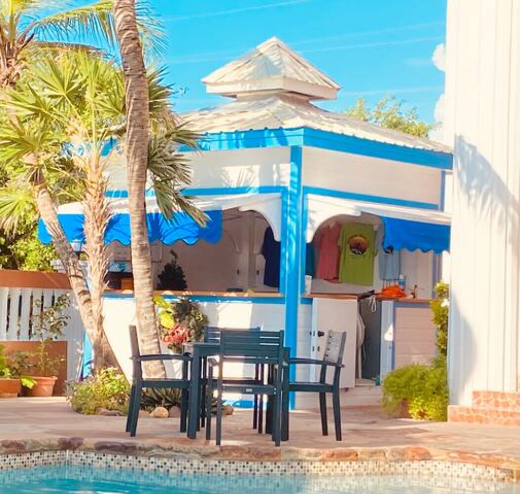 A covered outdoor area with a pool, chairs, and a small structure with a blue and white color scheme.