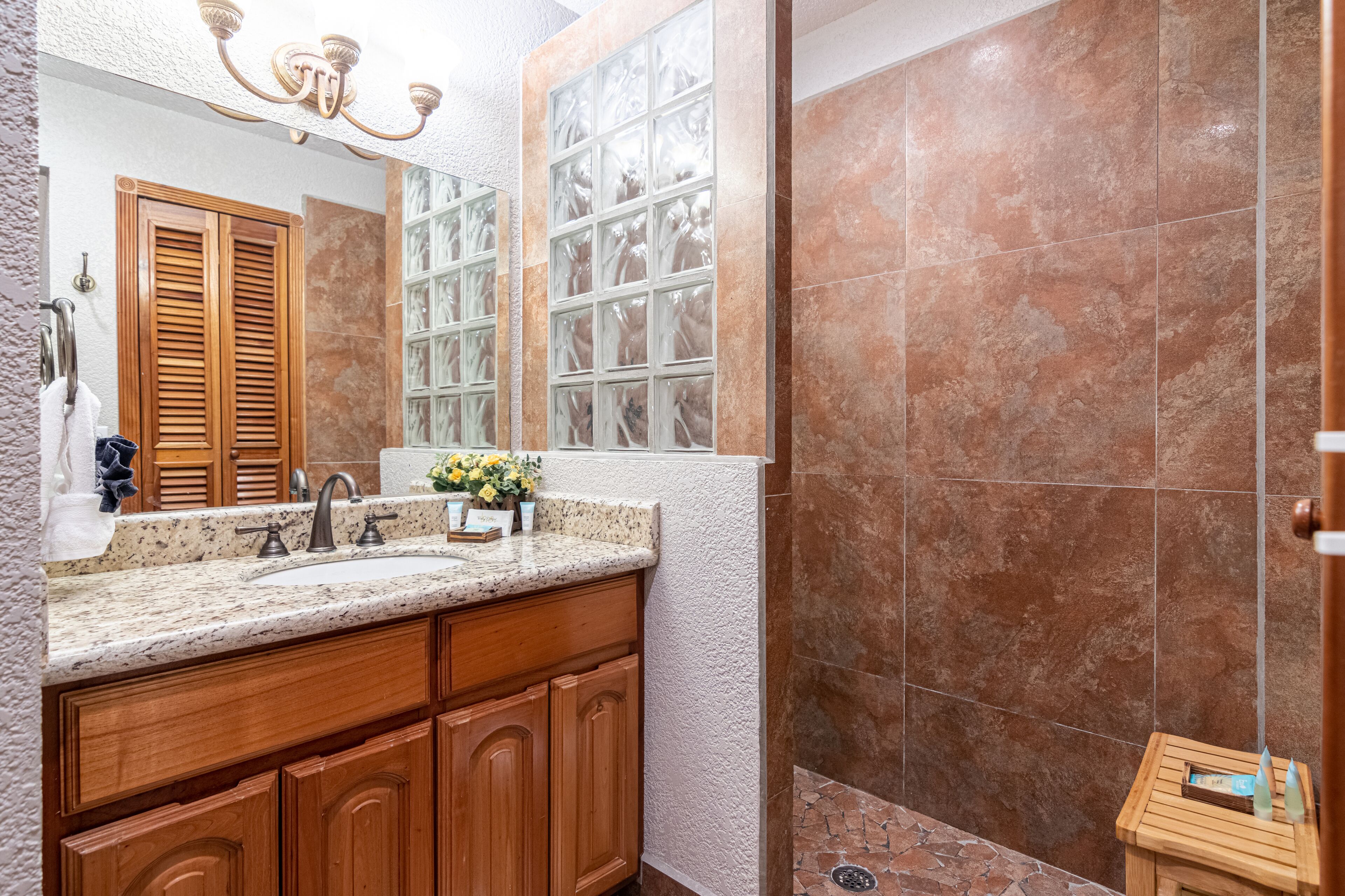 Un baño con encimera de granito, armarios de madera, un espejo y una zona de ducha con azulejos marrones.