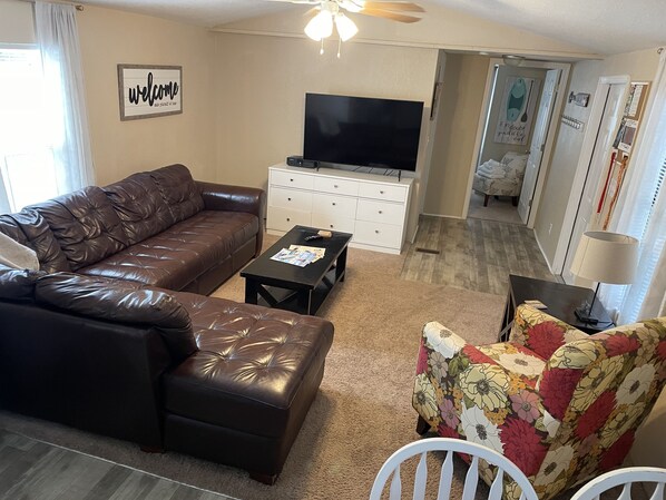 A living room with a brown leather sofa, a floral armchair, a TV on a stand, and a white cabinet.