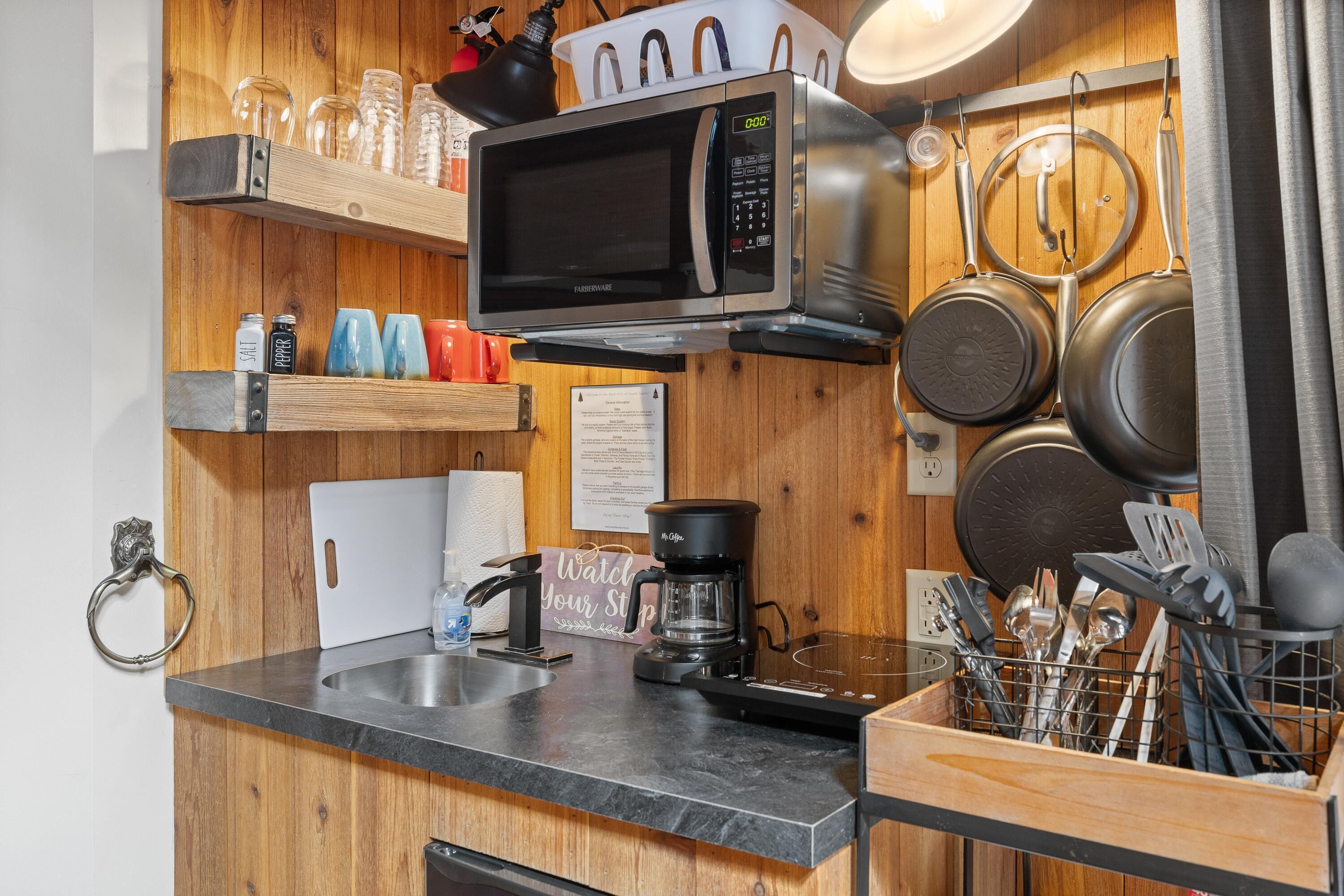 Fridge, microwave, coffee/tea maker, toaster