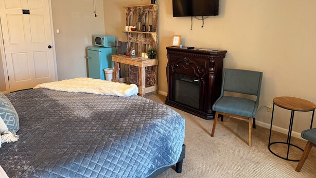 Un dormitorio con una cama grande, un escritorio pequeño, un televisor y una chimenea.