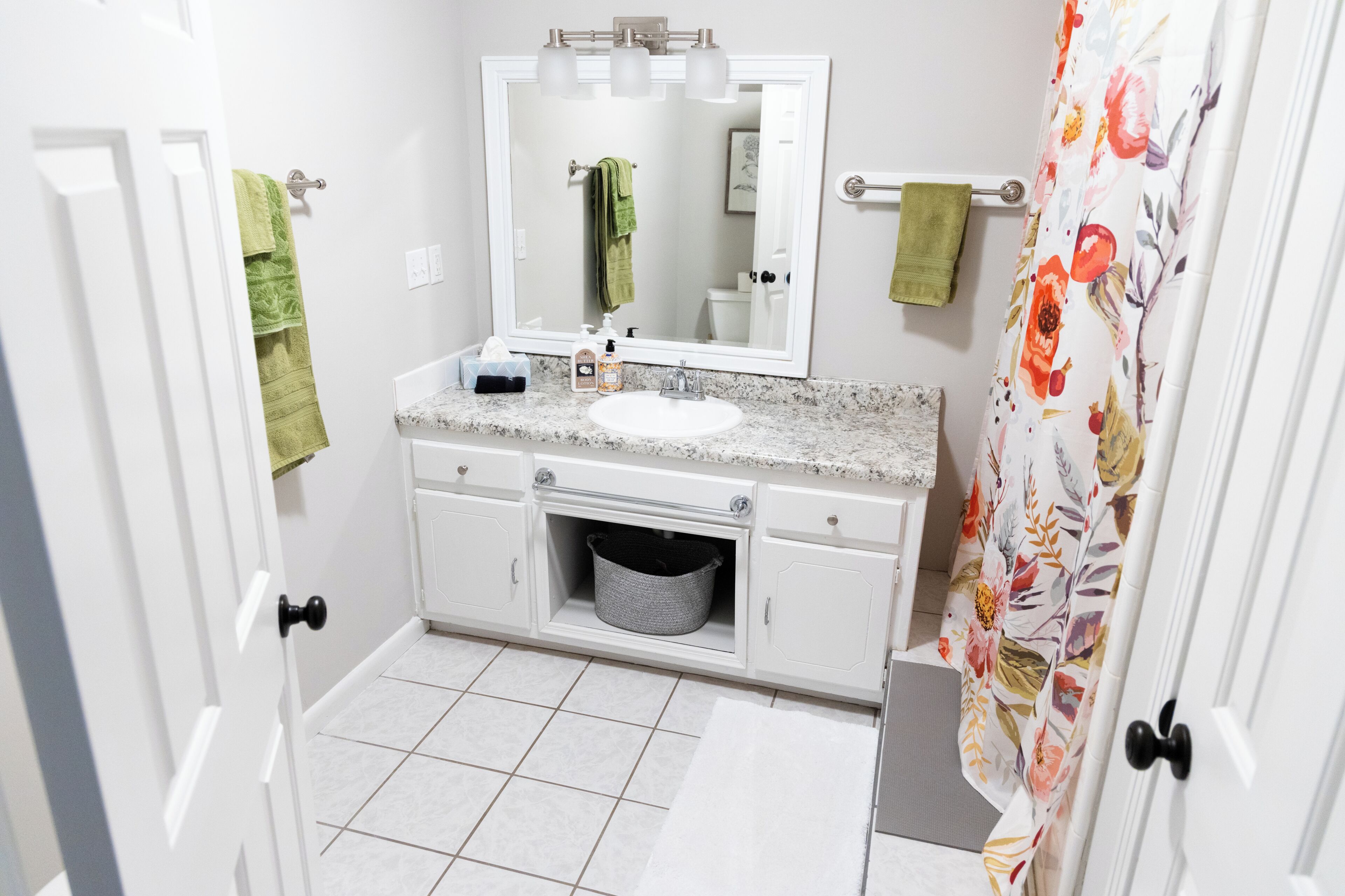 Hair dryer, towels, shampoo, toilet paper