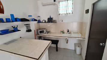 Fridge, microwave, cookware/dishes/utensils, spices