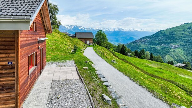Une cabane en bois avec un chemin pavé menant à un point de vue sur la montagne.