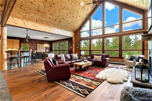 Smart TV, fireplace, table football, books