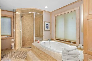 Combined shower/tub, jetted tub, hair dryer, towels