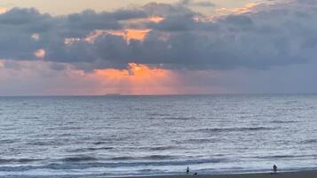 A beach with a view of the ocean and a sunset.