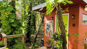 Une cabane en bois avec une porte jaune éclatante, entourée d’une végétation luxuriante et dotée d’une terrasse en bois.