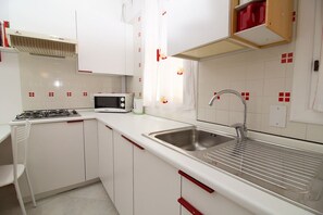 Fridge, microwave, stovetop, cookware/dishes/utensils