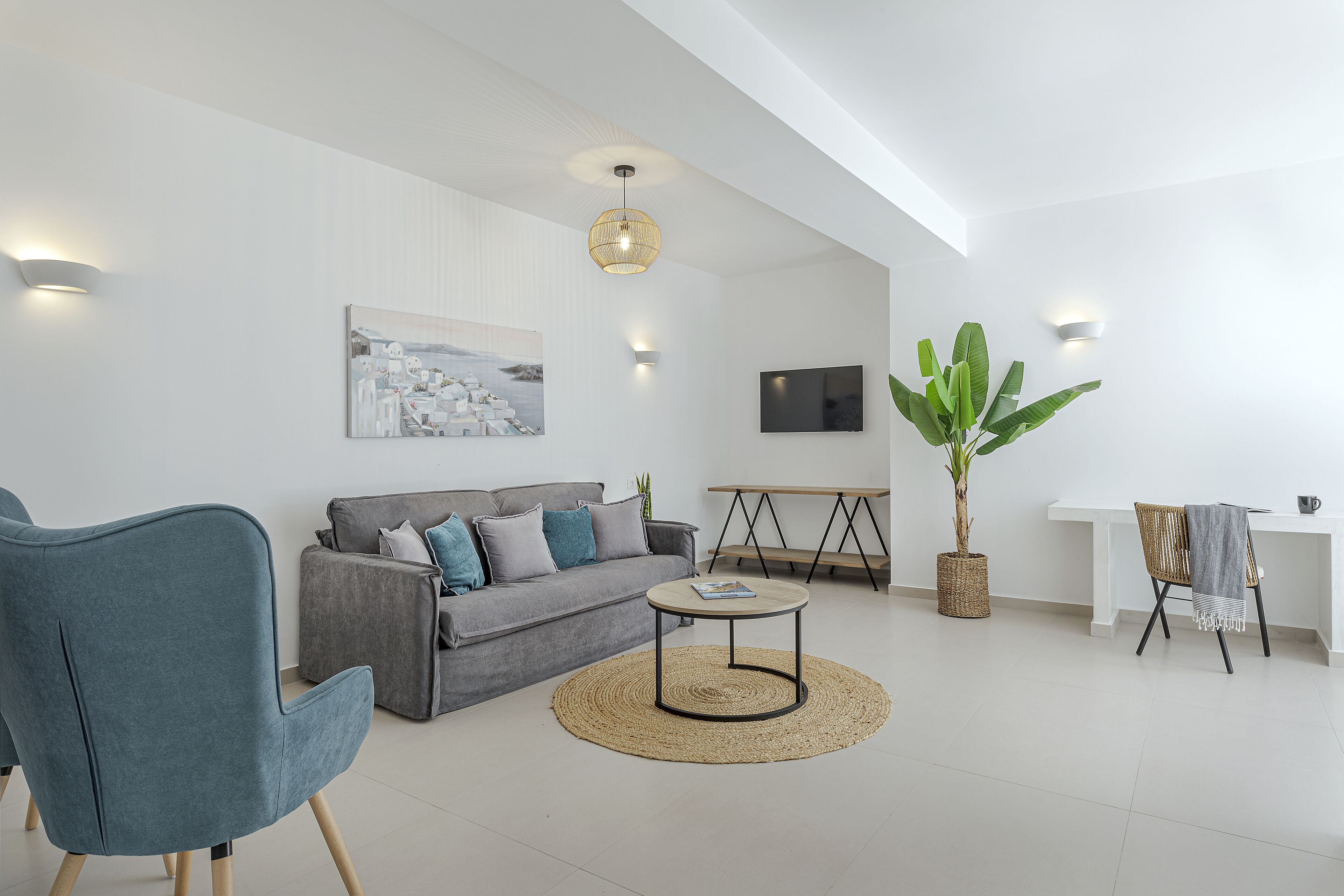 A modern living room with a grey sofa, a blue armchair, a round coffee table, and a large potted plant.